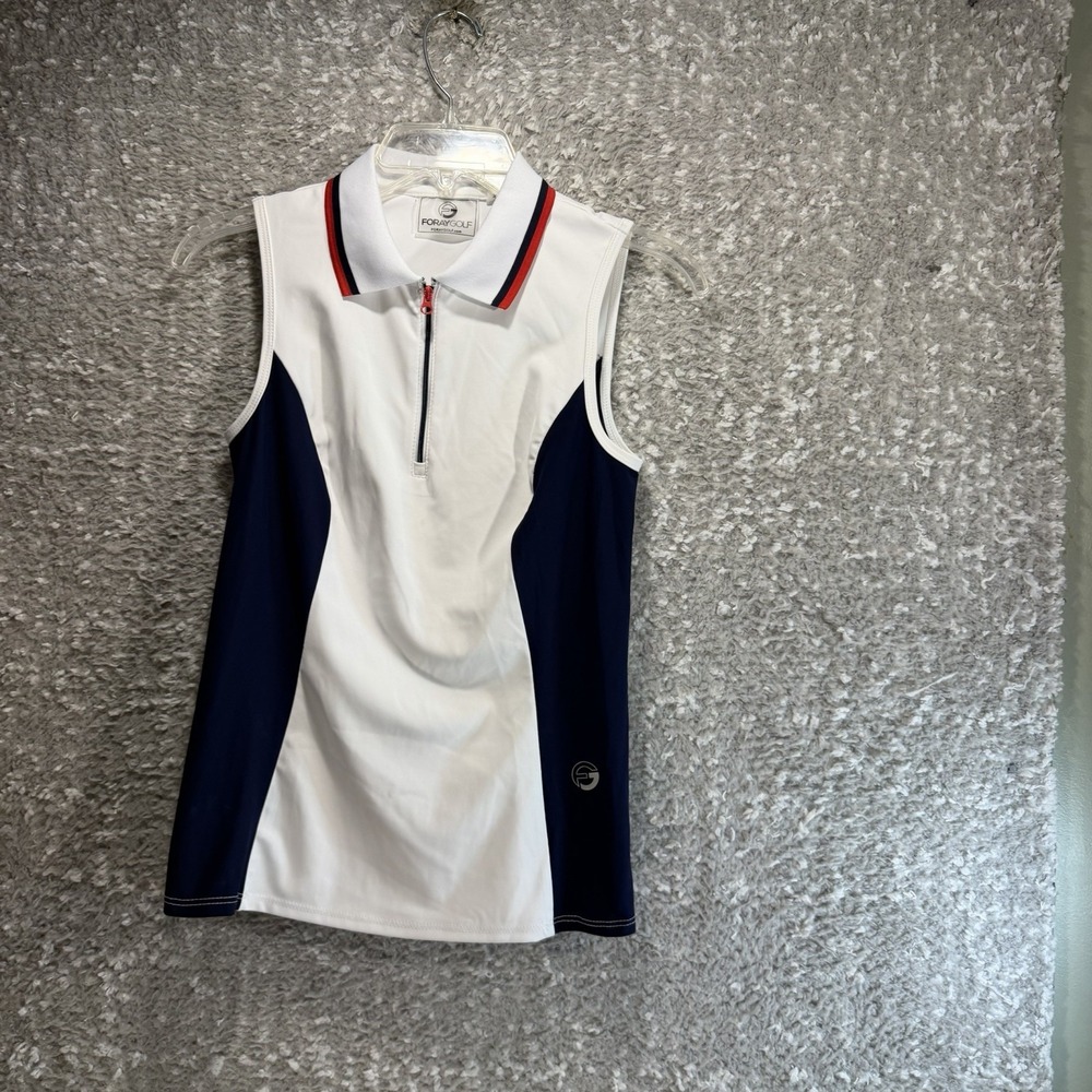 Foray Golf Sleeveless Performance Polo Shirt White Navy 1/4 Zip Sporty XS